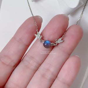 Natural Blue Flash Gray Moonstone Angel S925 Sterling Silver Necklace