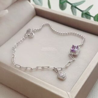 Natural Amethyst Heart Charm Sterling Silver Bracelet