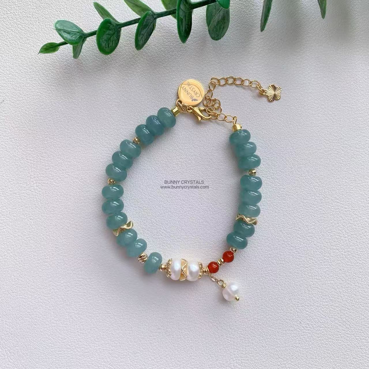 Natural Blue-Green Aventurine Abacus Bead & Pearl Handmade Bracelet - Image 2