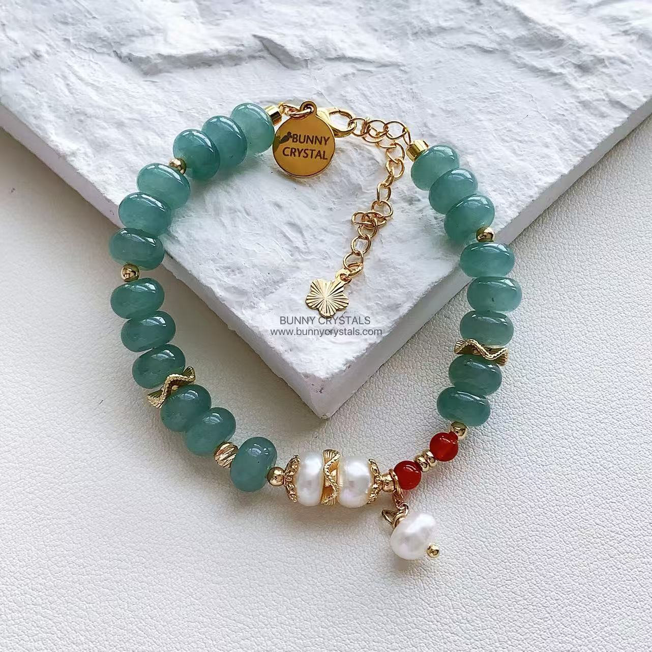 Natural Blue-Green Aventurine Abacus Bead & Pearl Handmade Bracelet - Image 3