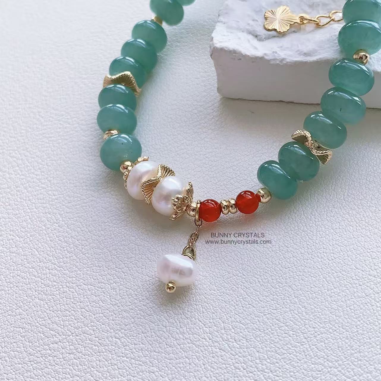 Natural Blue-Green Aventurine Abacus Bead & Pearl Handmade Bracelet - Image 4