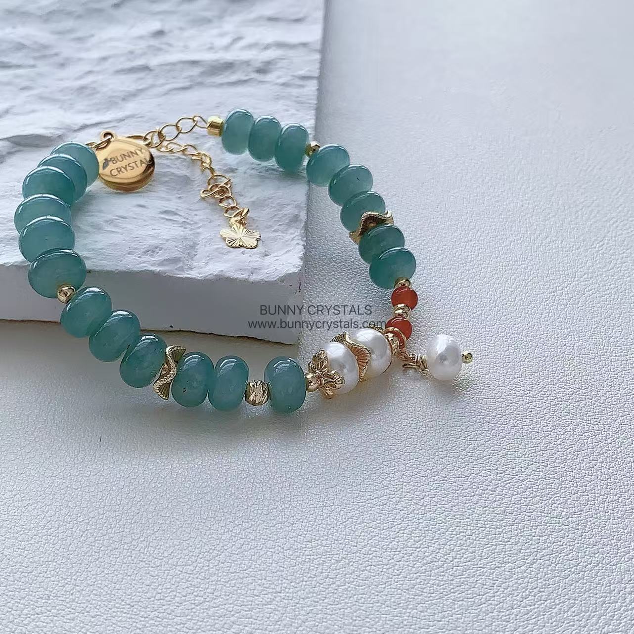 Natural Blue-Green Aventurine Abacus Bead & Pearl Handmade Bracelet - Image 6