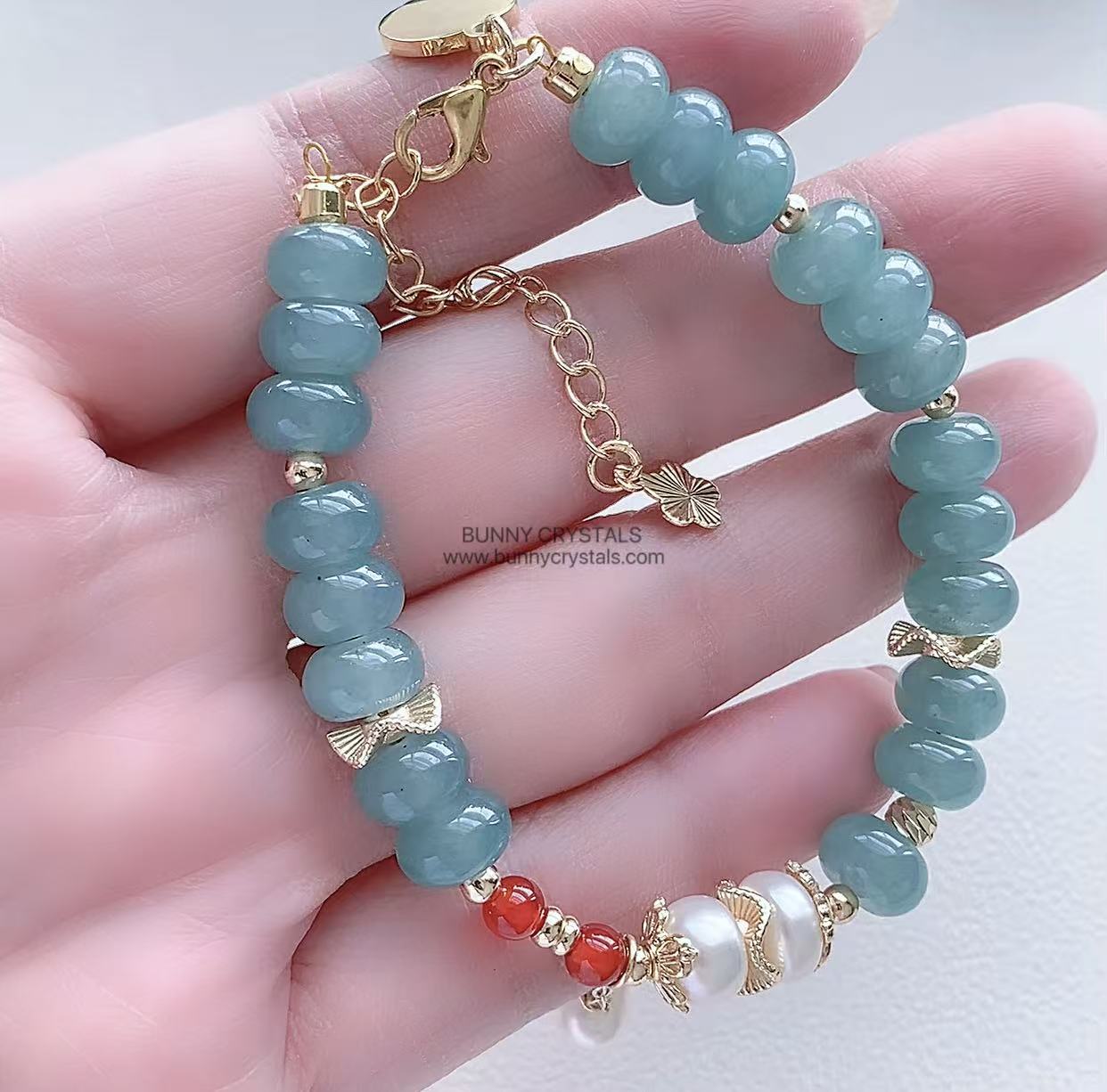 Natural Blue-Green Aventurine Abacus Bead & Pearl Handmade Bracelet - Image 7