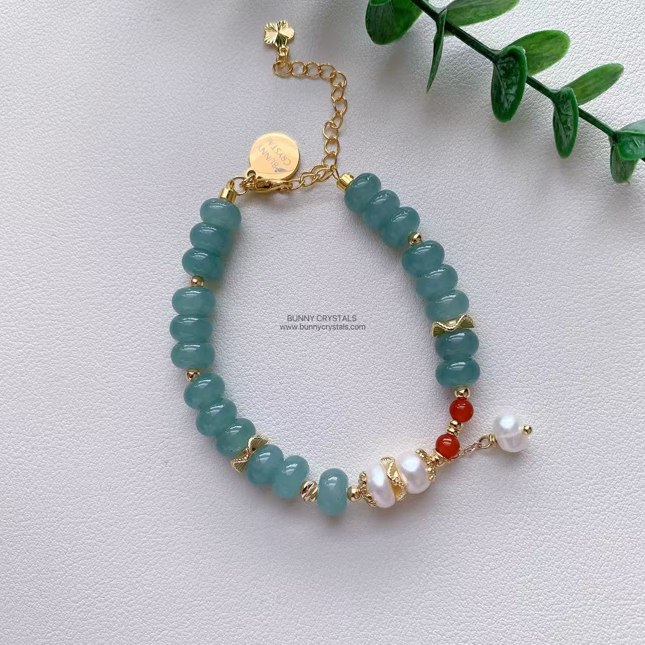 Natural Blue-Green Aventurine Abacus Bead & Pearl Handmade Bracelet - Image 8